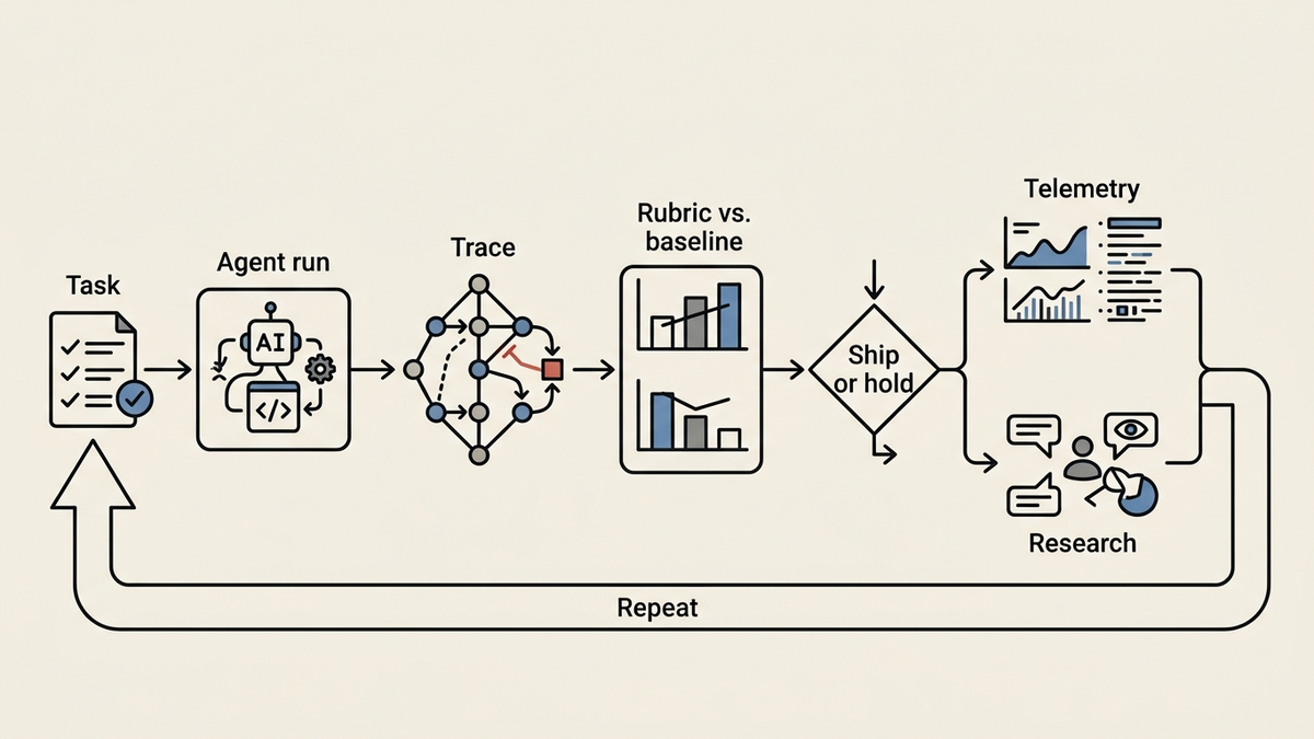 An agent evaluation loop moves from a representative task through an agent trace and rubric comparison to a ship-or-hold decision, then repeats using telemetry and research.