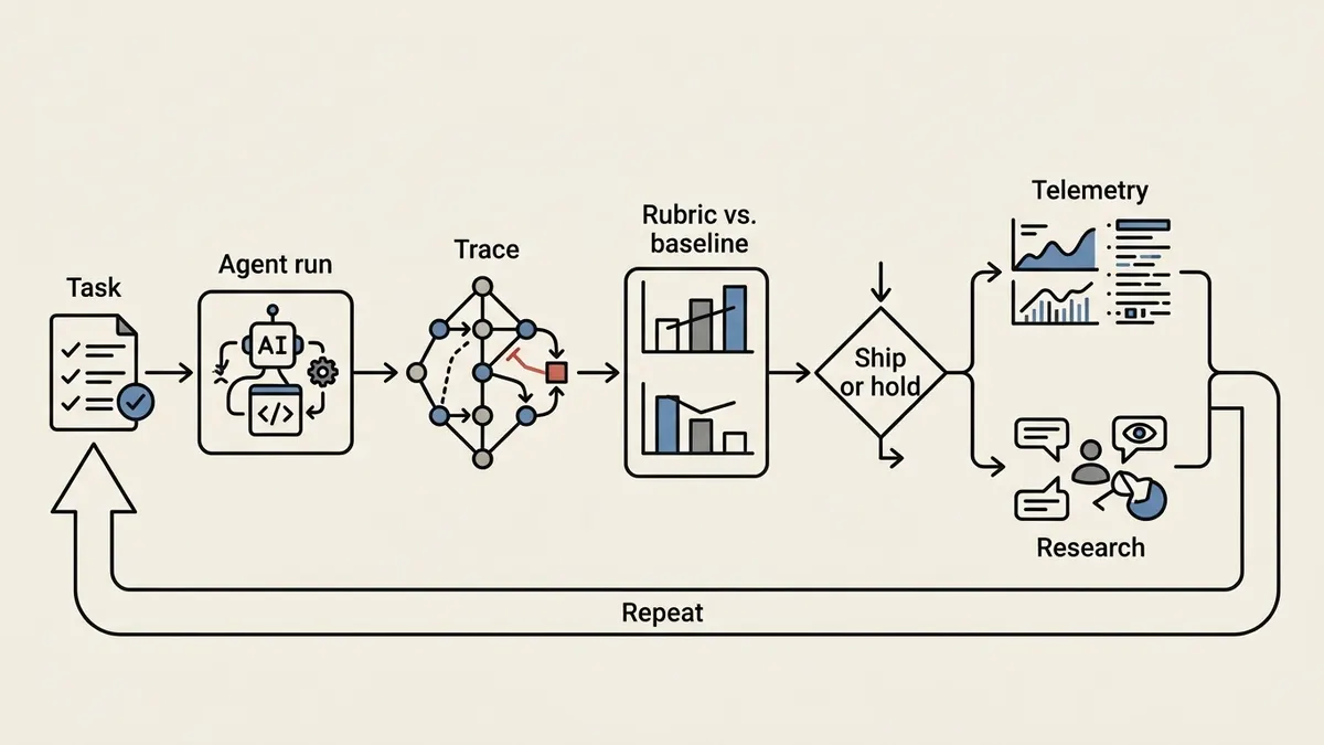 An agent evaluation loop moves from a representative task through an agent trace and rubric comparison to a ship-or-hold decision, then repeats using telemetry and research.