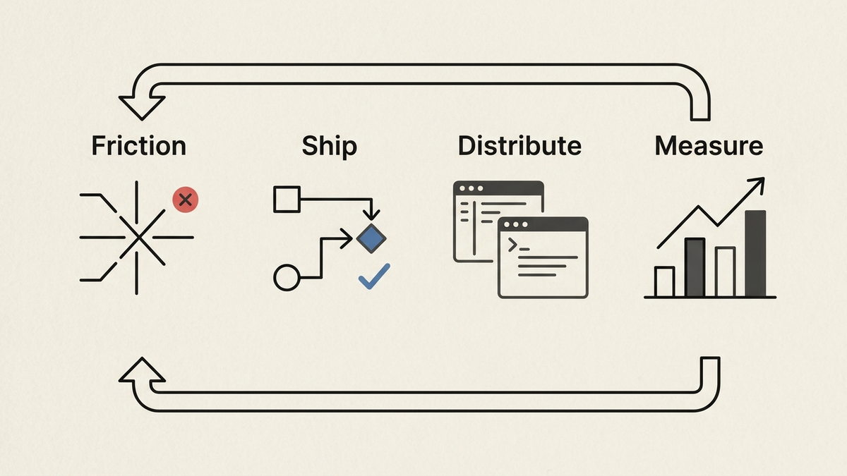 A four-stage DevX loop moves from observed friction to a shipped fix, distribution in builder workflows, and rising measured outcomes.