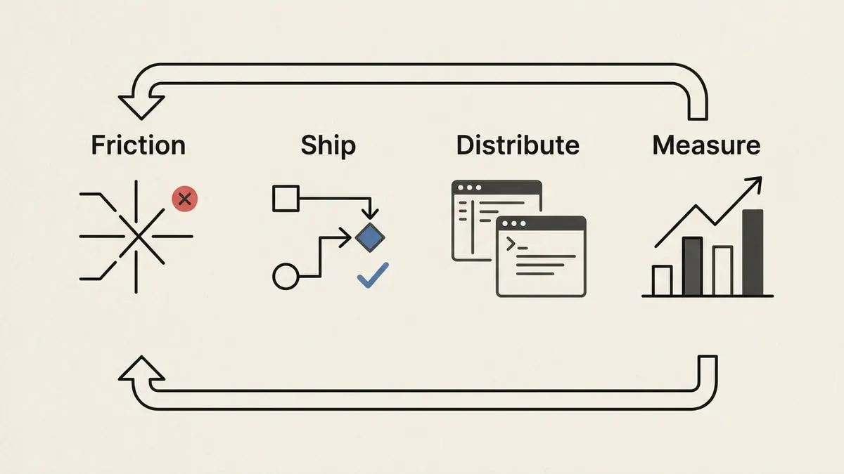 A four-stage DevX loop moves from observed friction to a shipped fix, distribution in builder workflows, and rising measured outcomes.