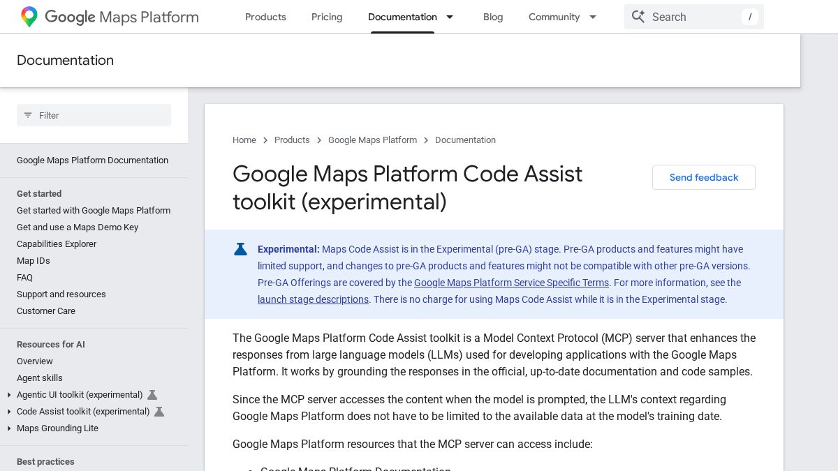 Official Code Assist documentation showing its experimental status, MCP grounding, public sources, and retrieval tools