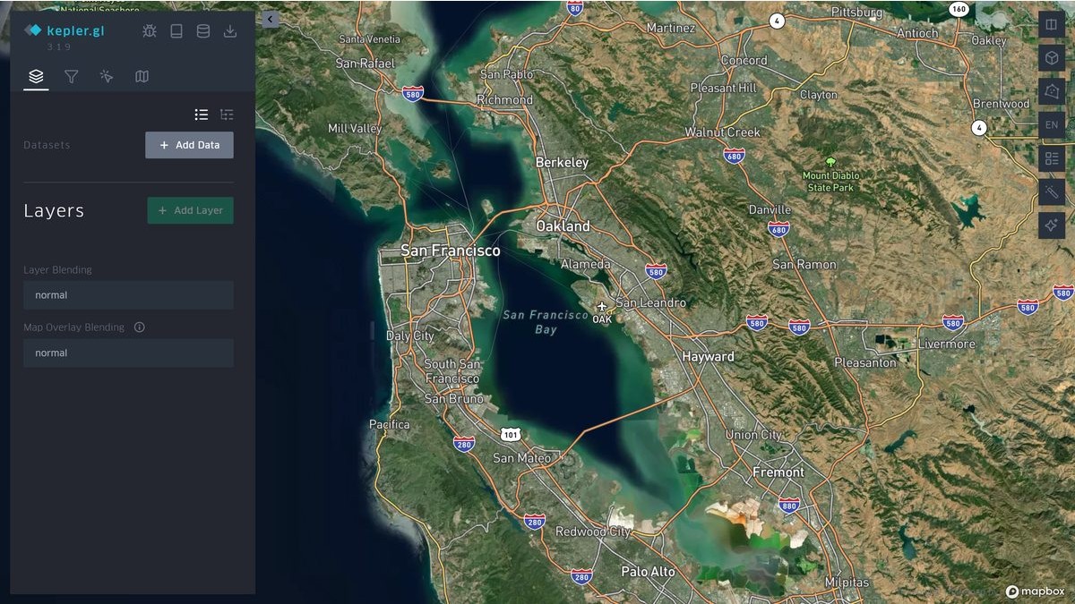 kepler.gl rendering trip data over a Mapbox satellite basemap of the San Francisco Bay Area