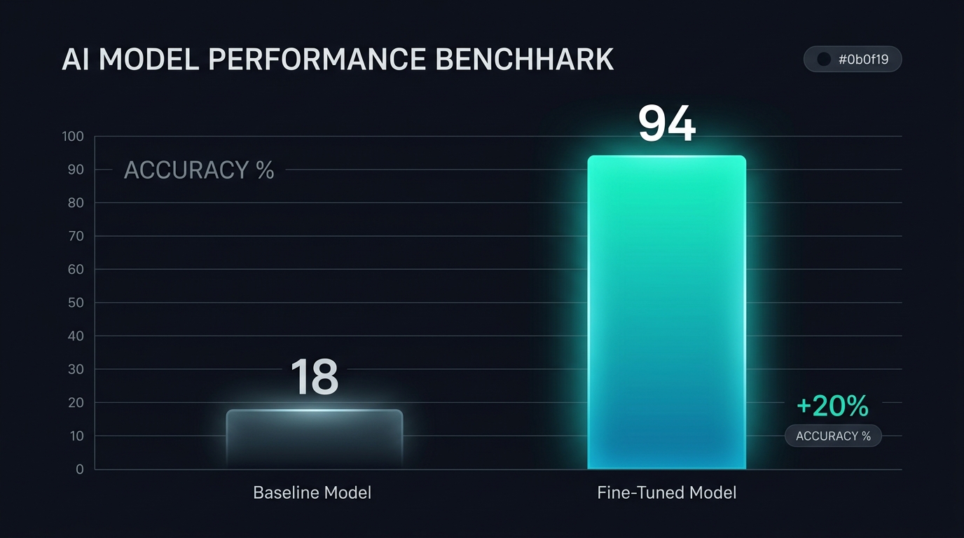 An evidence diagram showing the baseline vs fine-tuned exact match scores